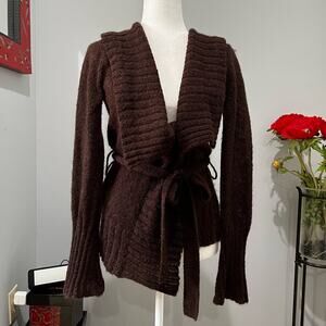 NEW Body by Victoria Mohair Draped Open Weave Shawl Collar Belted Wrap Sweater …
